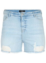 Korte spijkerbroek met versleten details, Light Blue Denim, Packshot