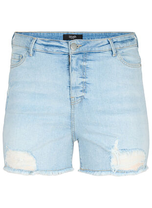 Korte spijkerbroek met versleten details, Light Blue Denim, Packshot image number 0