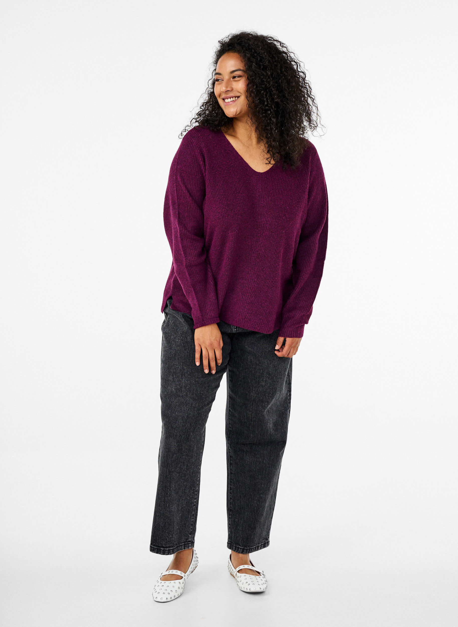 Zizzi Gebreide blouse met V-hals en lange mouwen, Potent P. Black Mel., Model image number 2