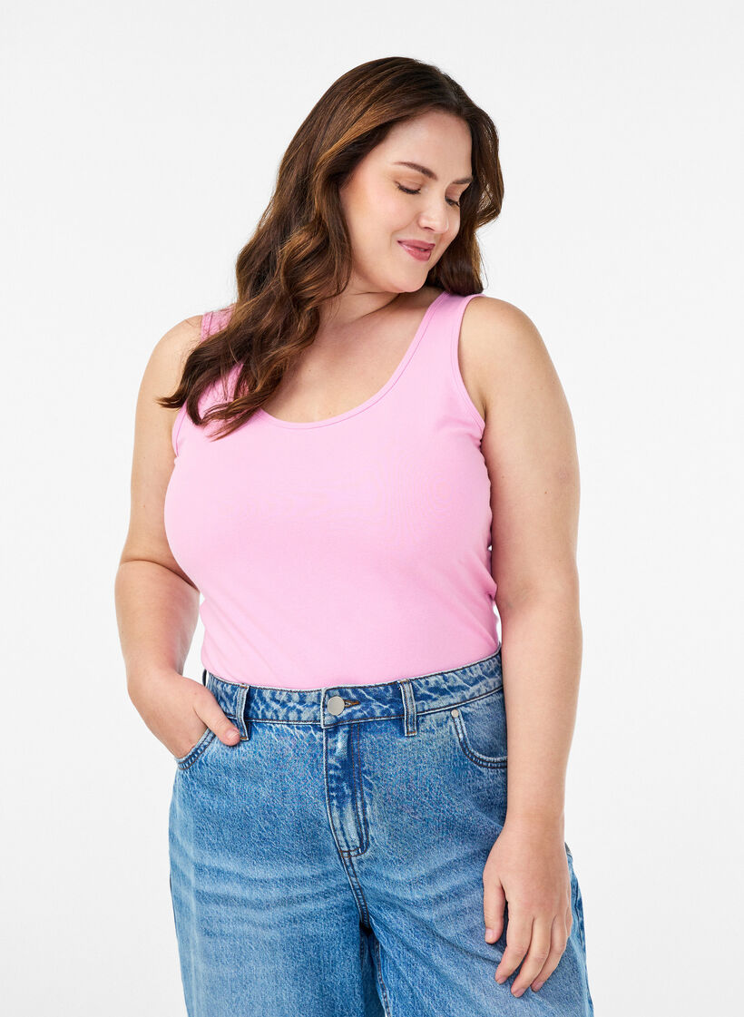 Solide kleur basis top in katoen, Roze, Model image number 0