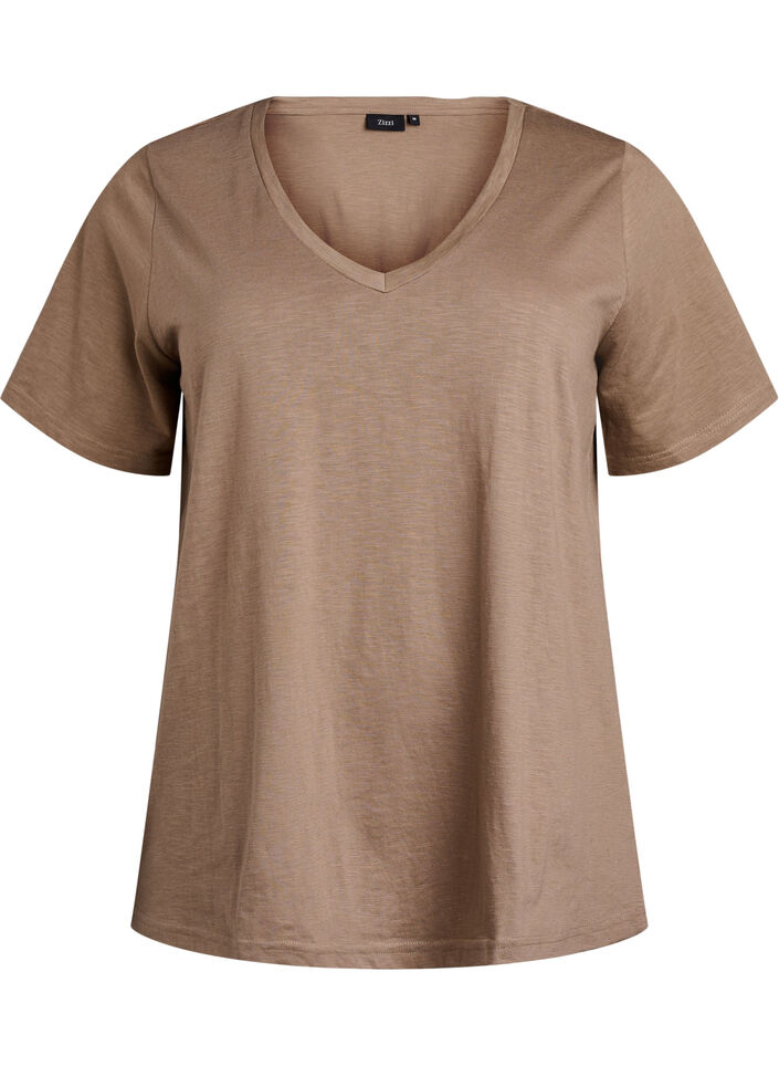 Basic t-shirt met korte mouwen en V-hals, Bruin, Packshot image number 0