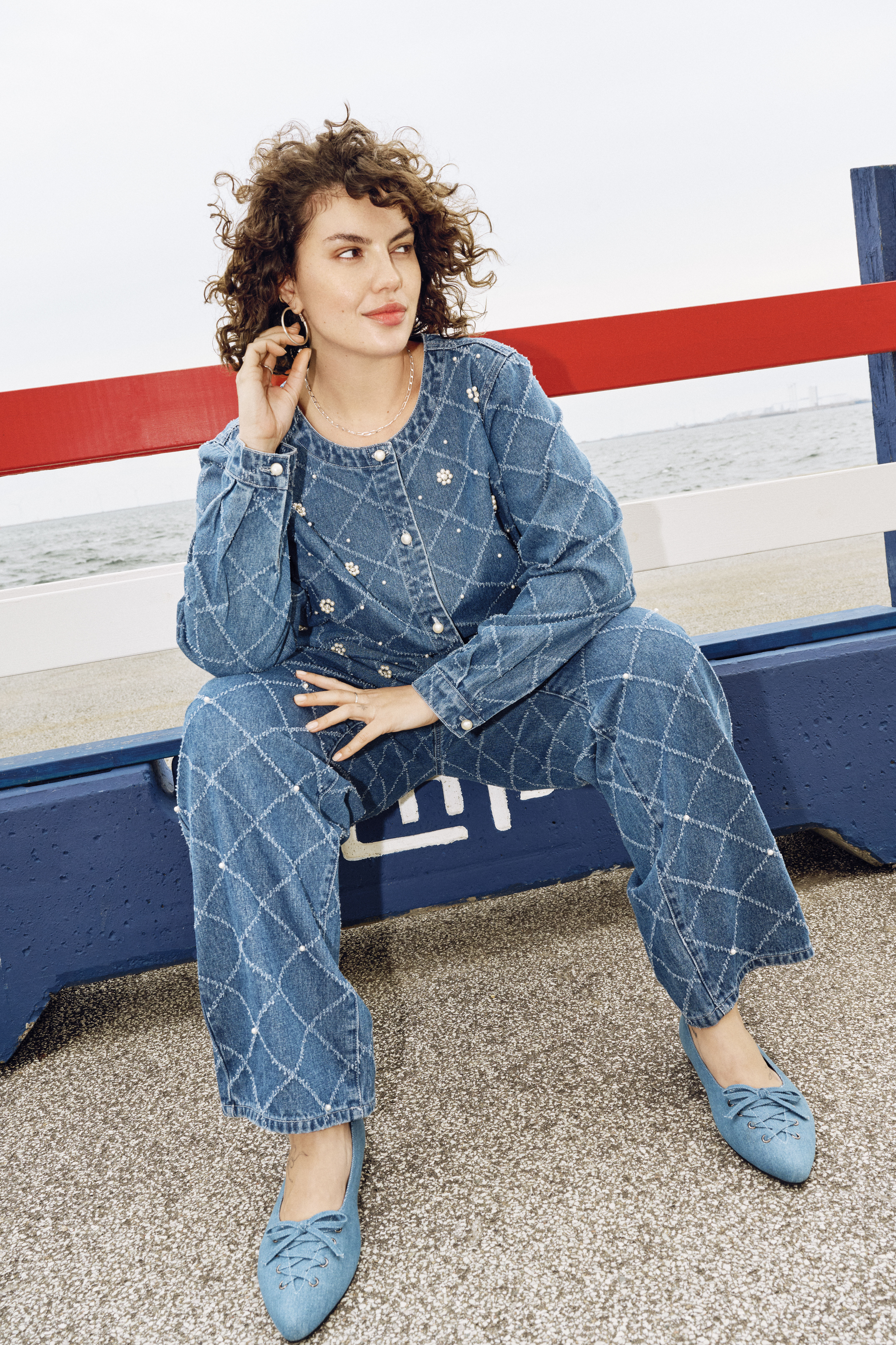 Zizzi Denim set met kralendetails, , Model