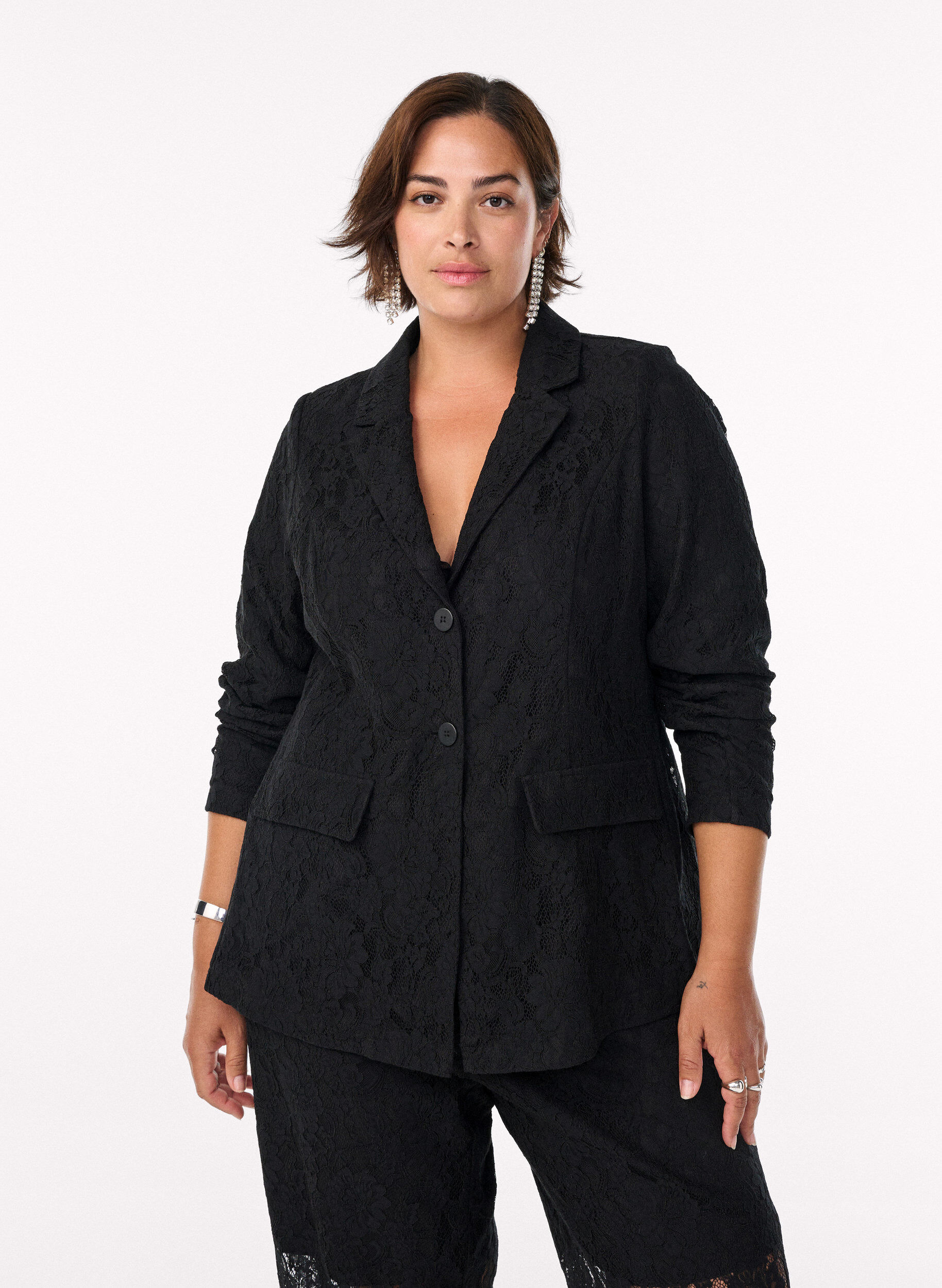 Zizzi Kanten blazer met knoopsluiting, Zwart, Model image number 0