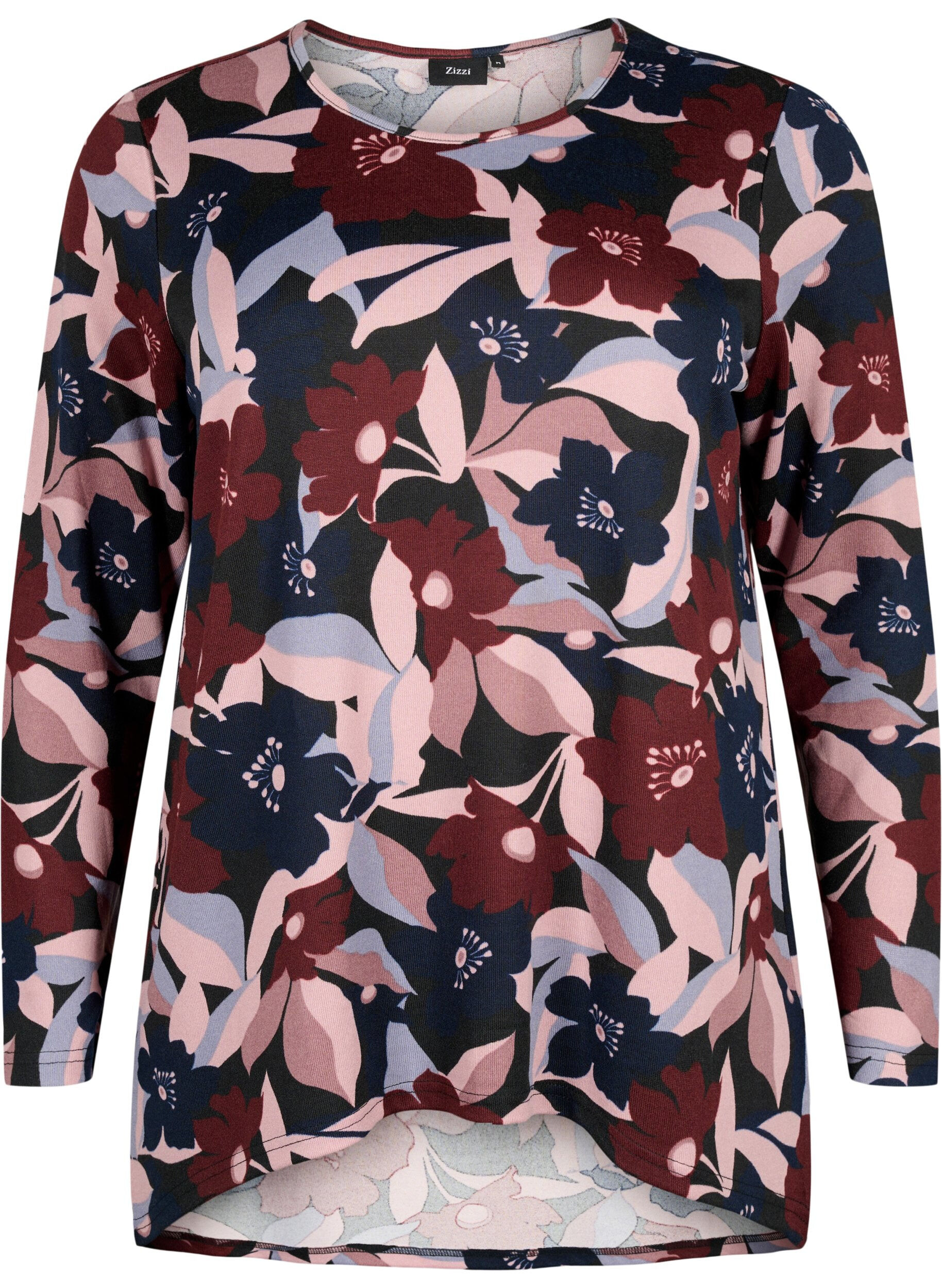 Zizzi Gebloemde blouse met lange mouwen, Black Rose Flower, Packshot image number 0