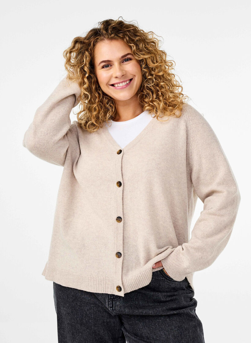 Gebreide cardigan in merinowol, Pumice Stone Mel., Model image number 0