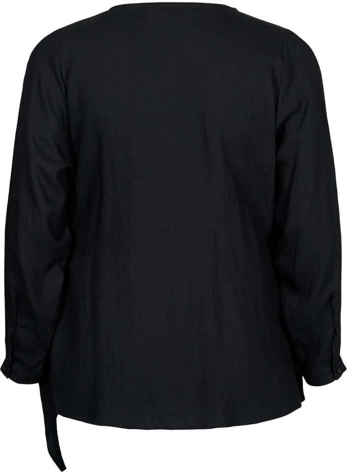 Blouse met lange mouwen in viscose met een wikkel-look, Black, Packshot image number 1