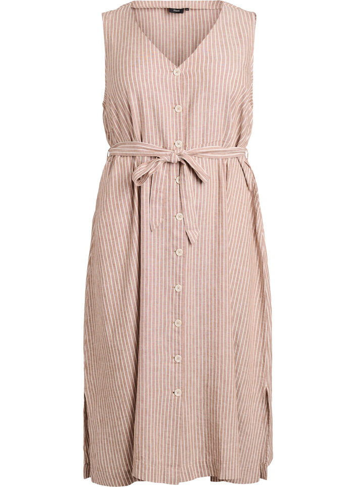 Mouwloze gestreepte midi jurk in linnen en viscose, Beige, Packshot image number 0