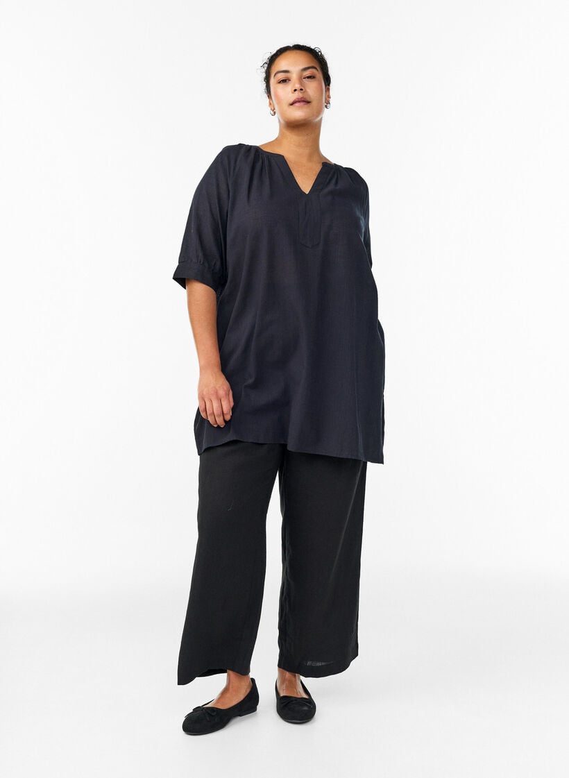 Katoenen tuniek met V-hals, Zwart, Model image number 1