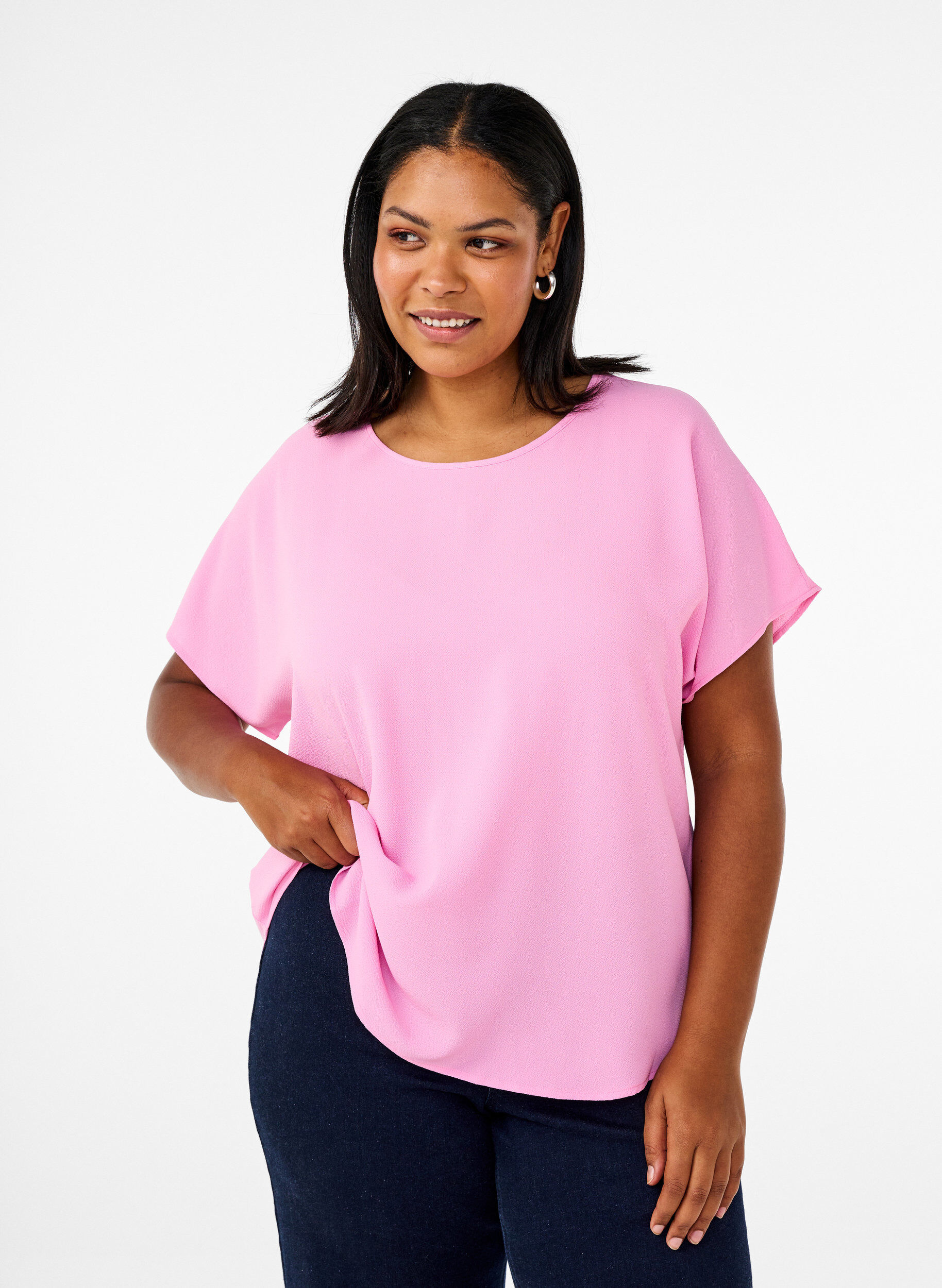 Zizzi Blouse met korte mouwen en een ronde halslijn, Roze, Model image number 0