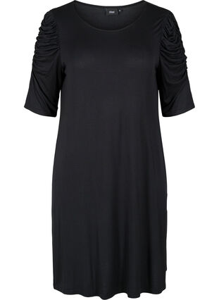 Effen viscose jurk met 2/4 mouwen , Black, Packshot image number 0