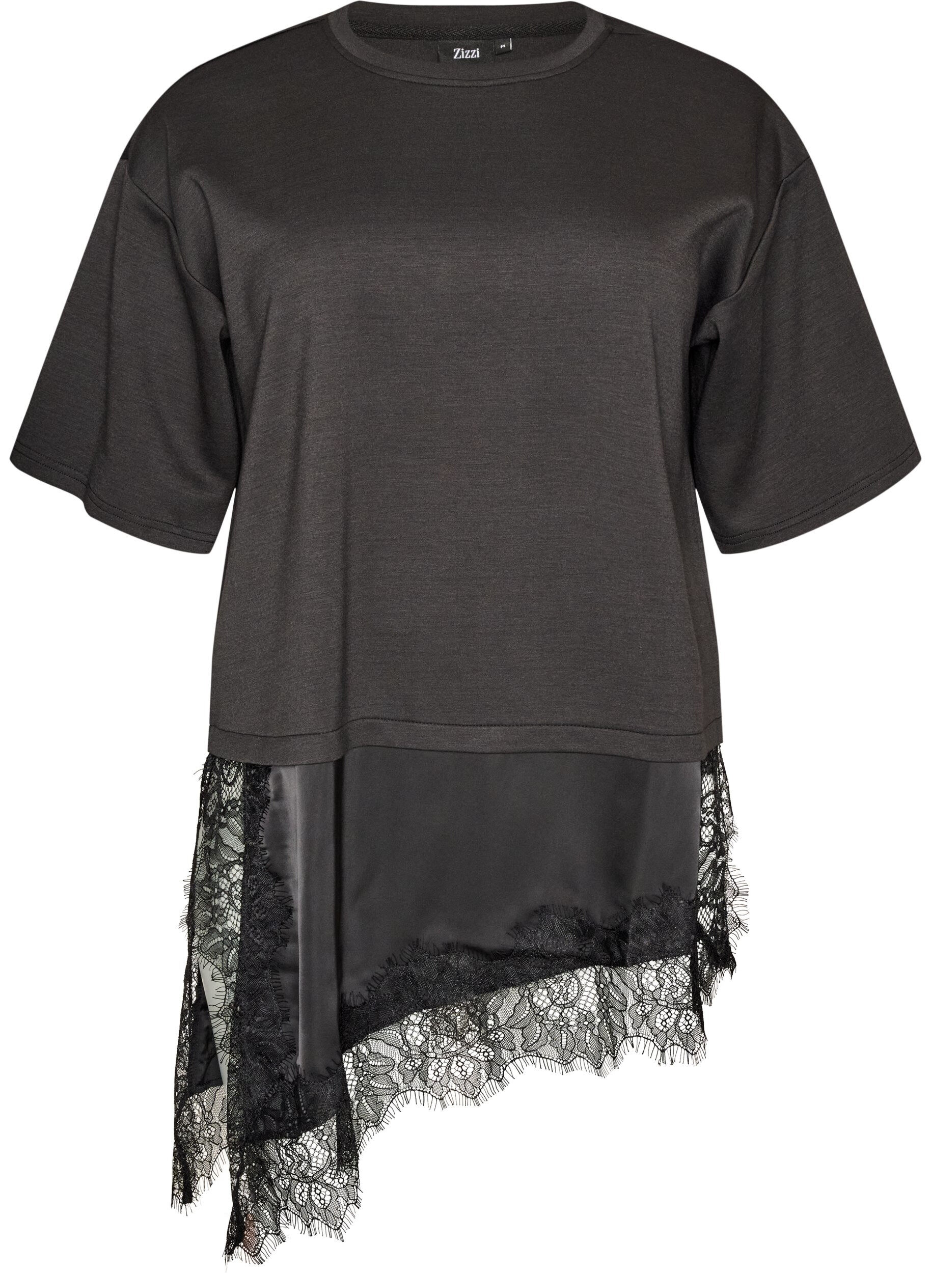 ZizziJersey blouse met gelaagde look en kant, Zwart, Packshot image number 0