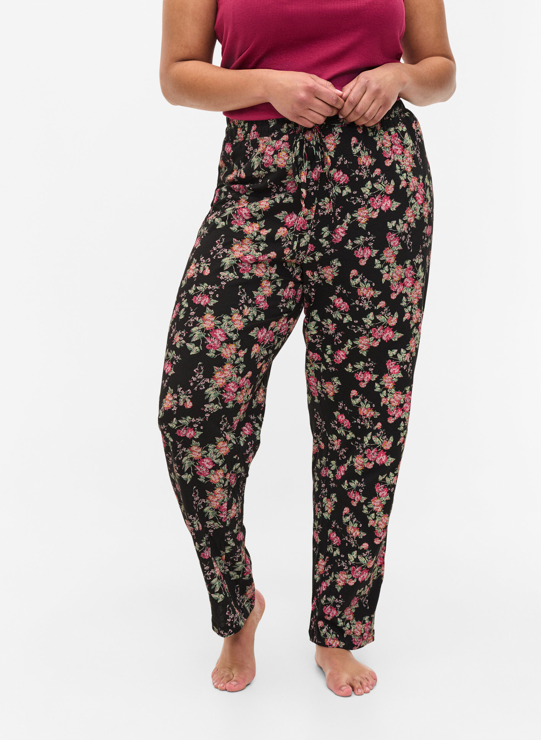 Zizzi Katoenen pyjama broek , Black Pink Oran Flow, Model image number 1