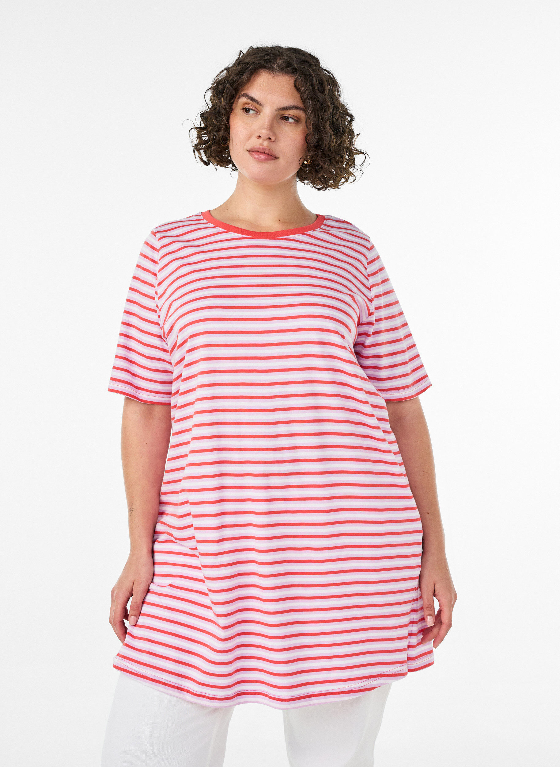 ZizziLang oversized gestreept T-shirt in biologische katoen, Paars, Model image number 0