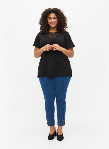 T-shirt met korte mouwen en kanten details, Black, Model image number 2