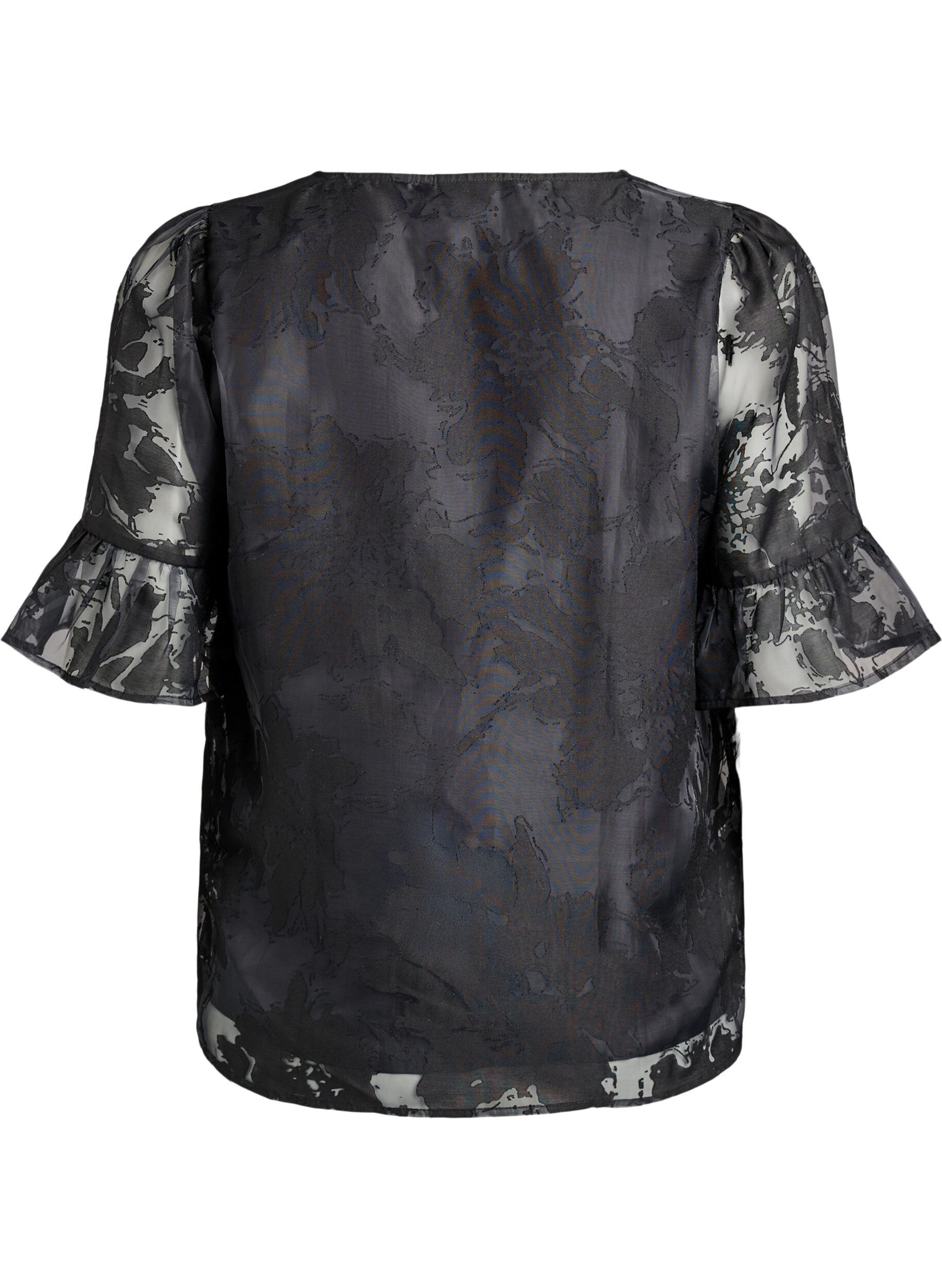 Zizzi Feestelijke blouse in organza-look met ton-sur-ton patroon, Zwart, Packshot image number 1