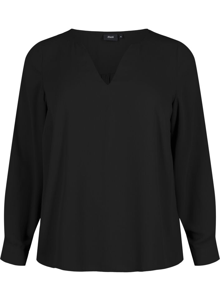 Blouse met lange mouwen en kreukels op de rug, Black, Packshot image number 0