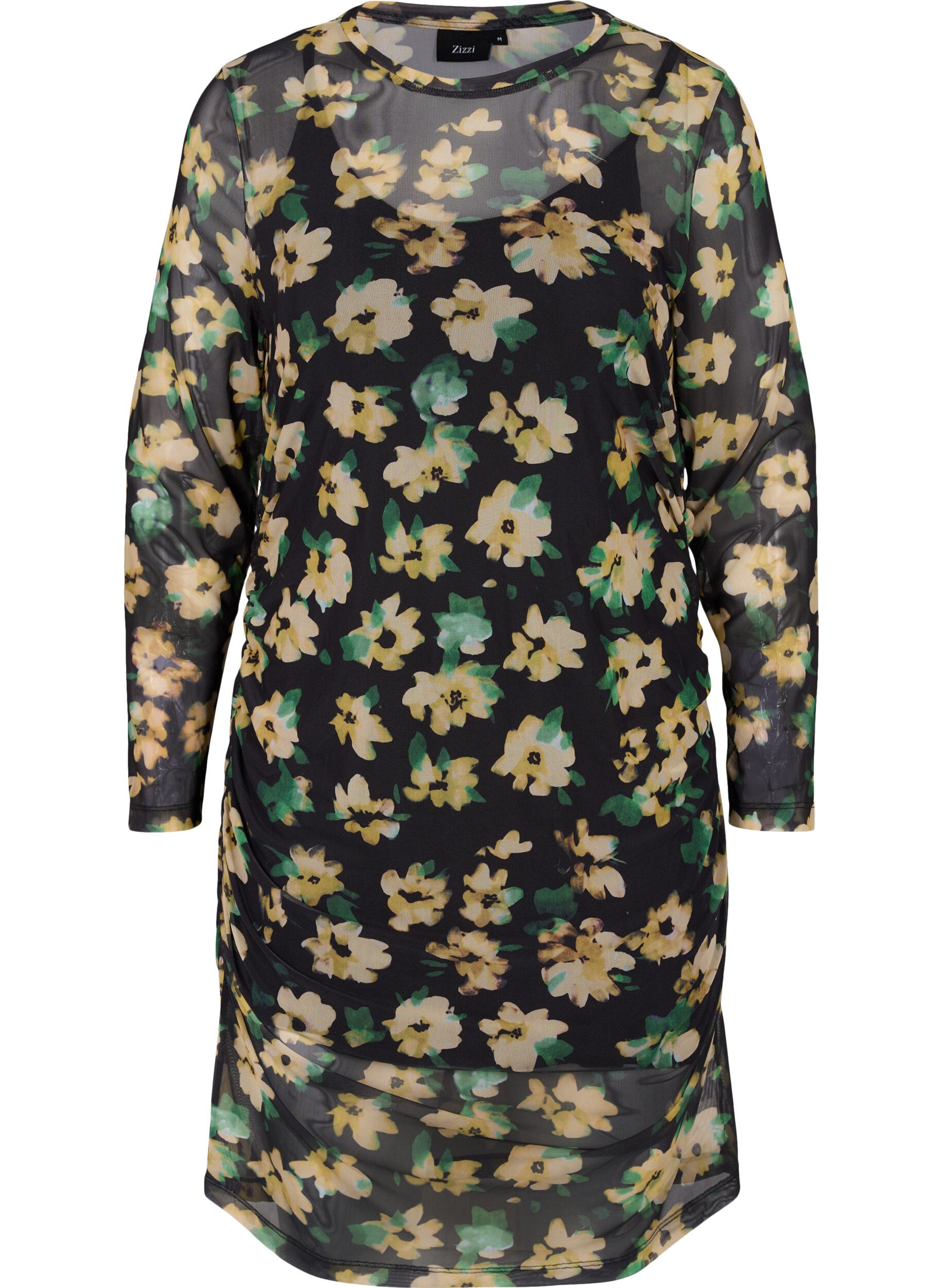 Zizzi Nauwsluitende mesh jurk met 3/4 mouwen, Yellow Green AOP, Packshot image number 0