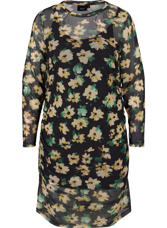 Nauwsluitende mesh jurk met 3/4 mouwen, Yellow Green AOP, Packshot image number 0