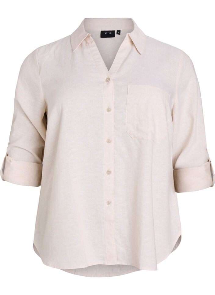 Linnen en viscose shirt met 3/4 mouwen, Beige, Packshot image number 0
