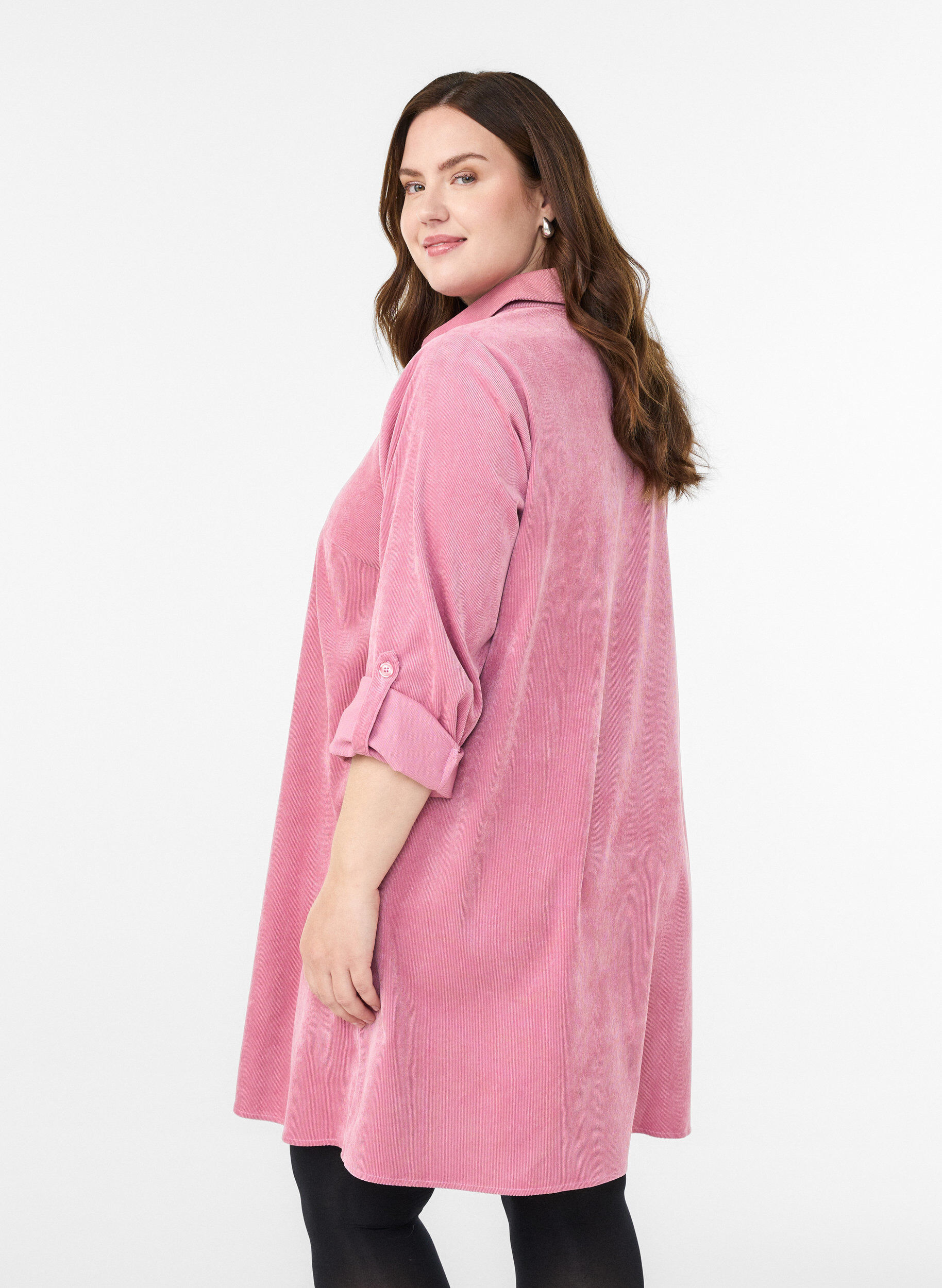 Zizzi Corderoy jurk met rits en 3/4-mouwen, Roze, Model image number 2