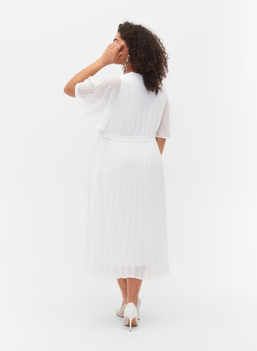 Geplooide midi jurk met korte mouwen, Star White, Model image number 1