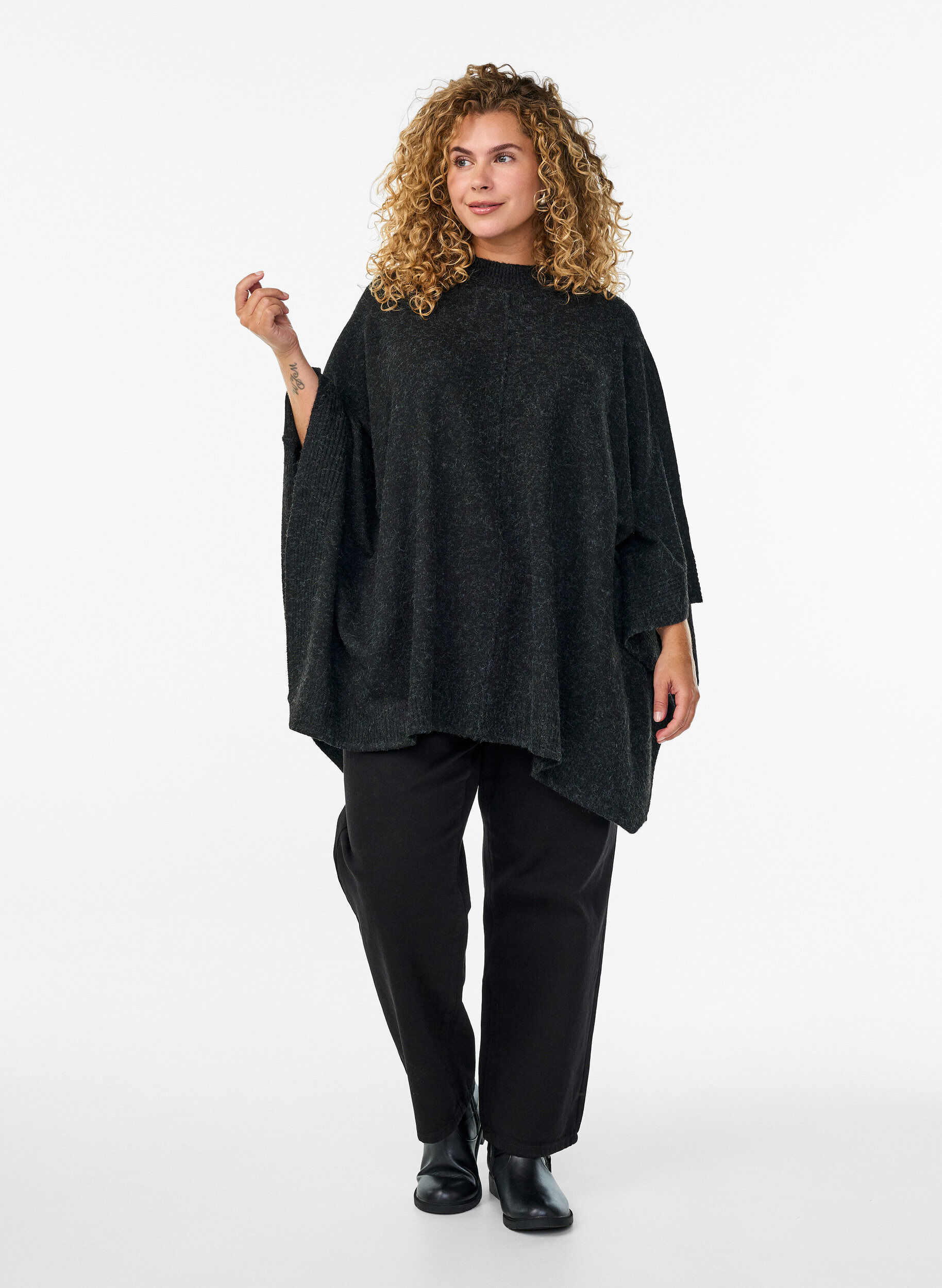 Zizzi Poncho met geribde details en een ronde hals, Grijs, Model image number 1