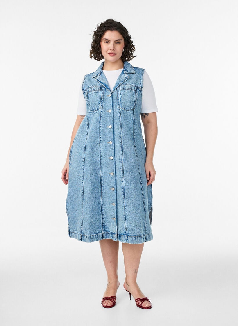 Mouwloze denimjurk met knoopsluiting en splitten, Blauw, Model image number 0