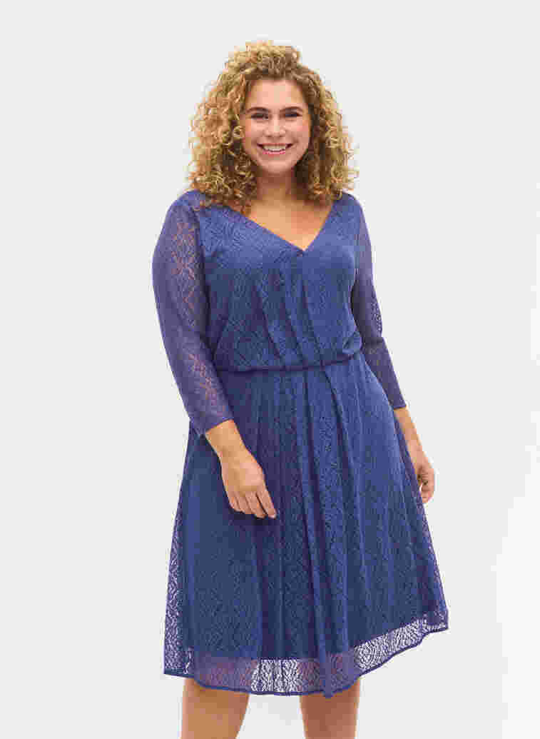 V-hals kanten jurk met 3/4 mouwen, Deep Cobalt, Model image number 0