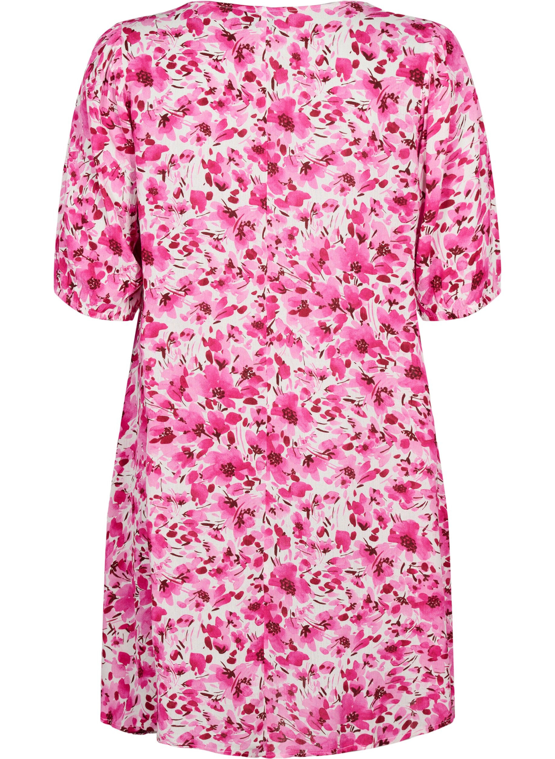 Zizzi Gebloemde viscose jurk met a-vorm, Pink Flower Rain, Packshot image number 1