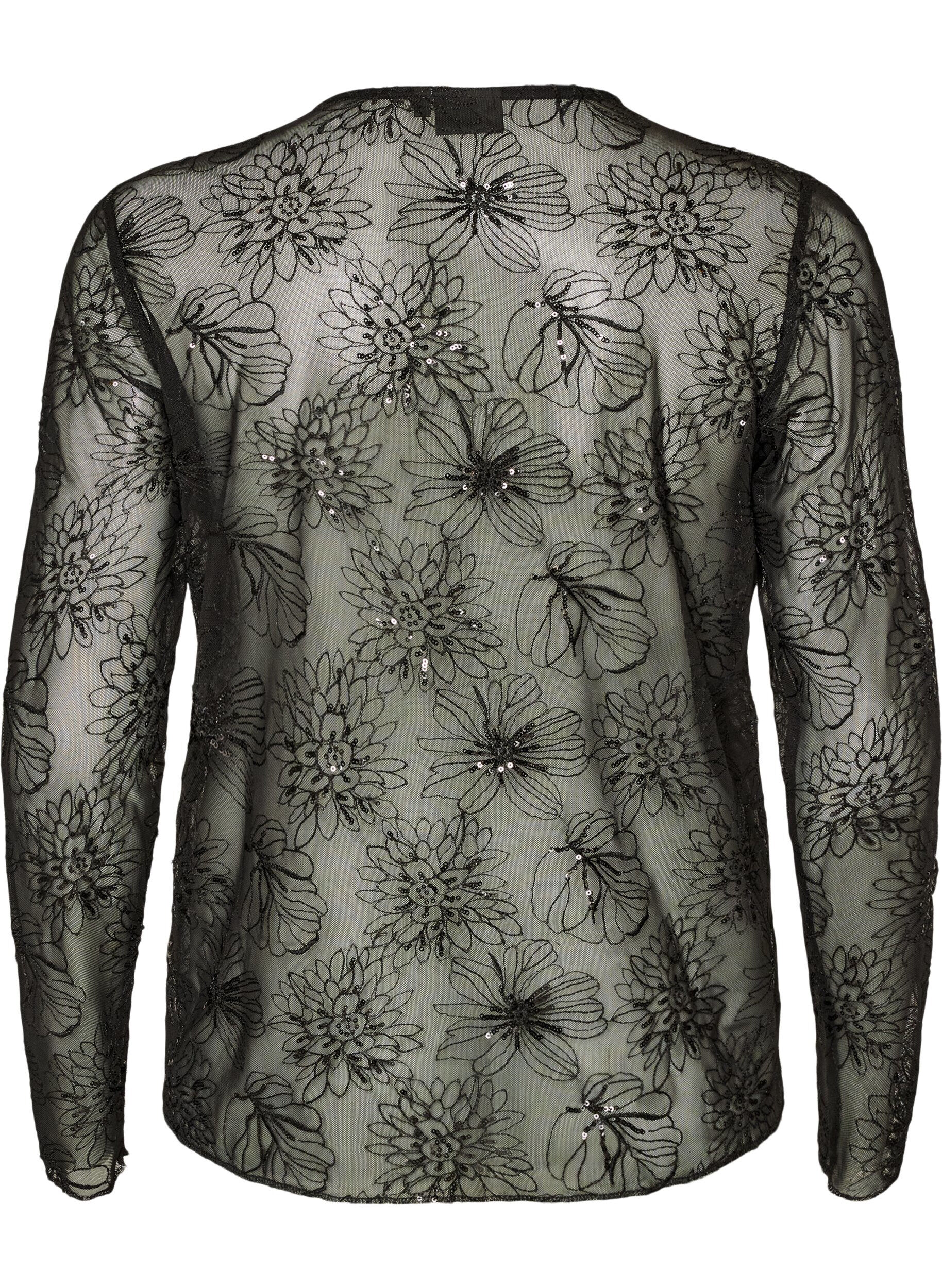 ZizziMesh blouse met bloemen en pailletten, Zwart, Packshot image number 1