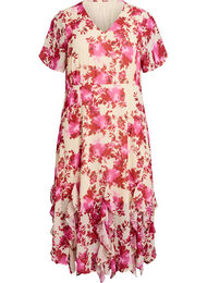 Bloemenprint chiffon jurk met ruches en een V-hals, 9990