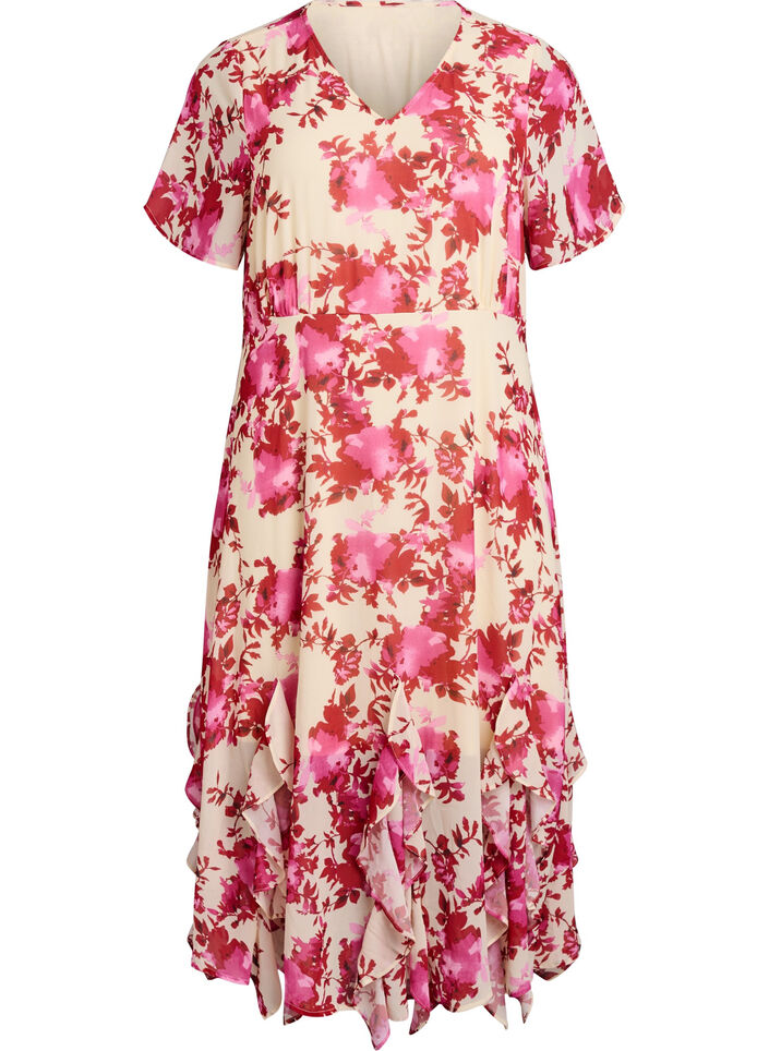 Bloemenprint chiffon jurk met ruches en een V-hals, 9990, Packshot image number 0