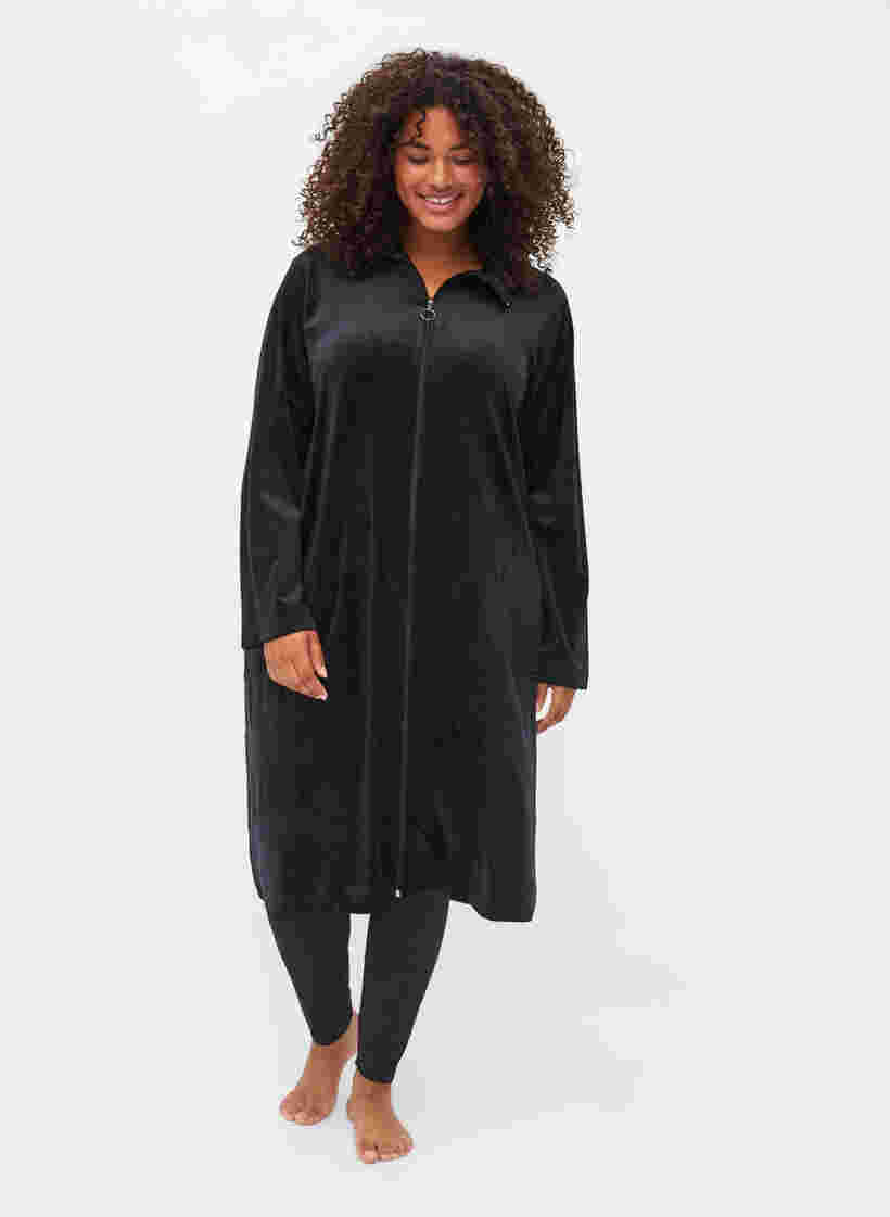 Velours jurk met rits en zakken, Black, Model image number 2