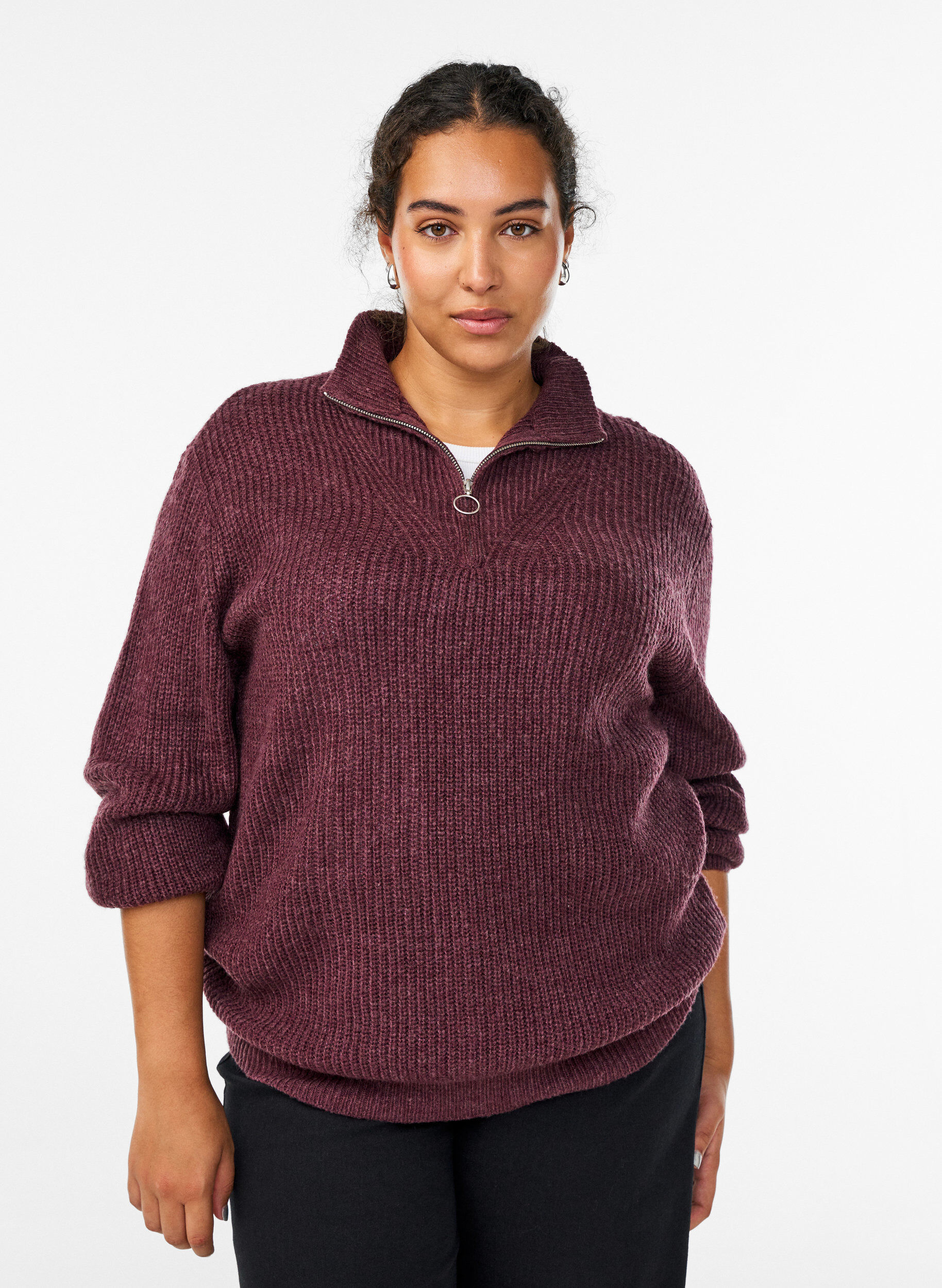 ZizziGebreide trui met hoge hals en rits, Rood, Model image number 0