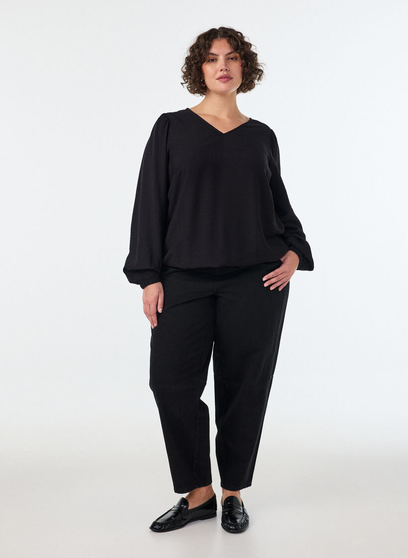 Viscose blouse met V-hals en ballonvormig silhouet, Zwart, Model image number 1