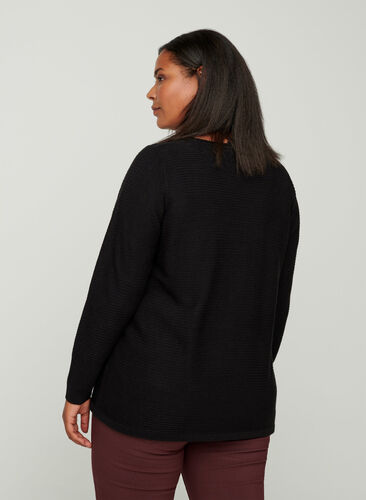 Gebreide geribbelde sweater met ronde hals , Black, Model image number 1