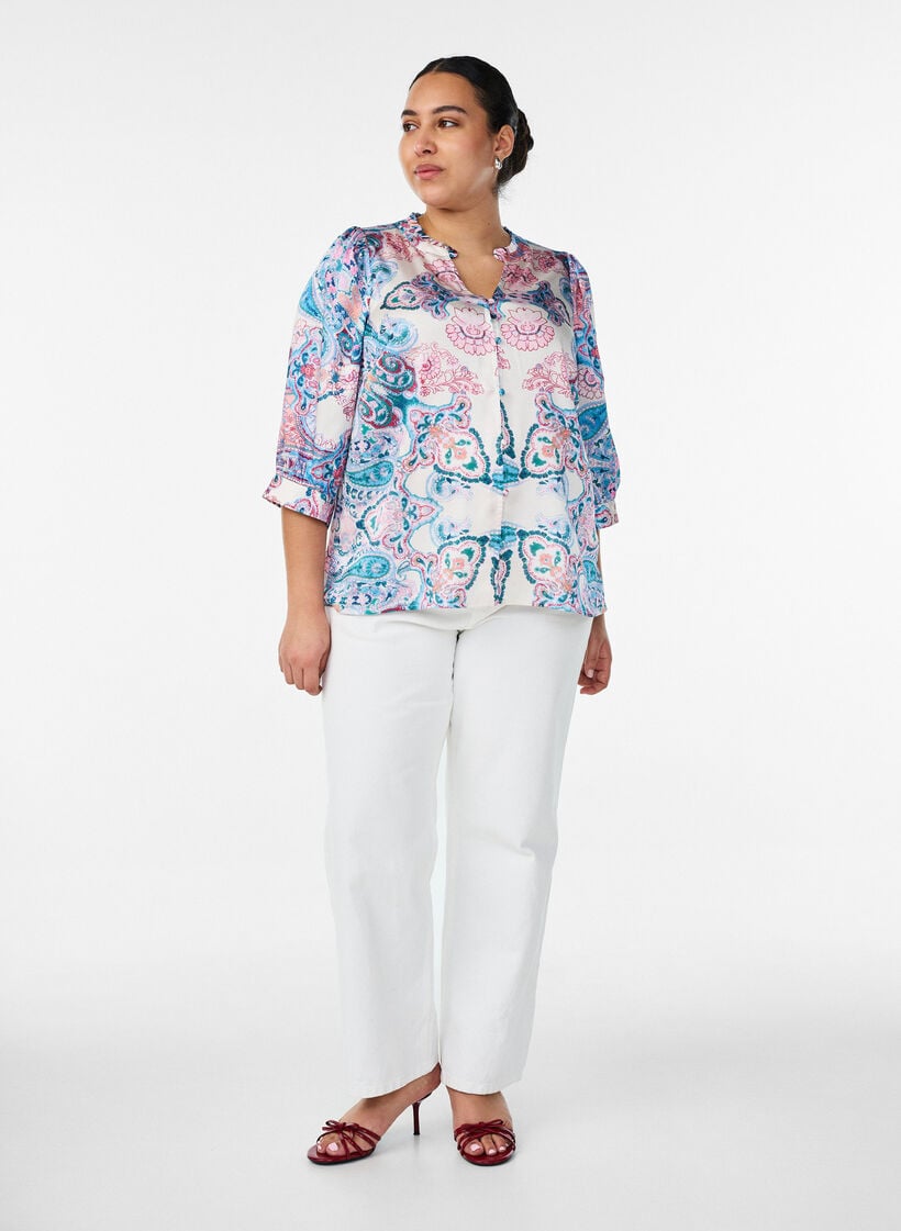 Blouse met satijn-look en paisleyprint met 3/4 mouwen, Blauw, Model image number 1