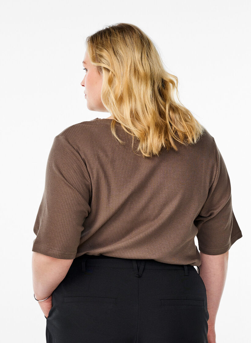 Geribde jersey blouse met korte mouwen, Bruin, Model image number 2