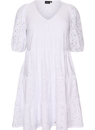 Broderie anglaise jurk met een V-hals en mouwen 1/2 lengte, Wit