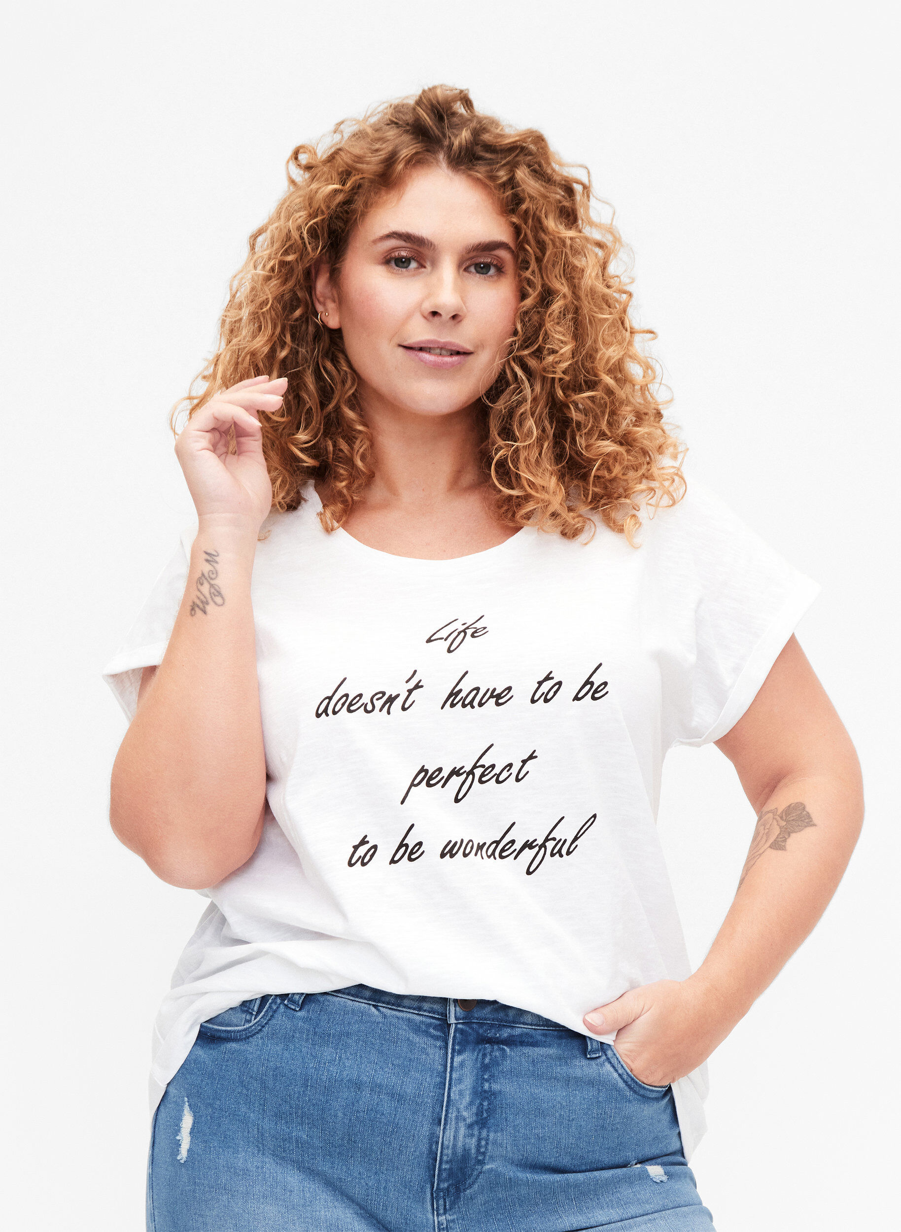 Zizzi Bedrukt T-shirt van biologisch katoen, B. White Black Print, Model image number 0