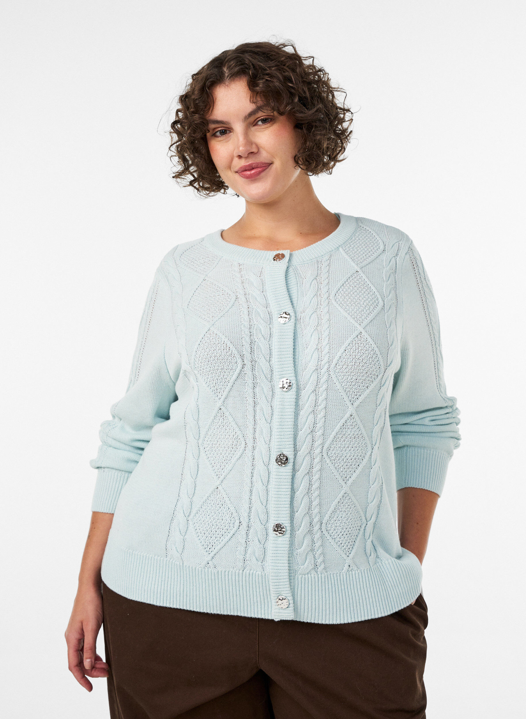 Kabelgebreide cardigan met decoratieve knopen, Blauw, Model