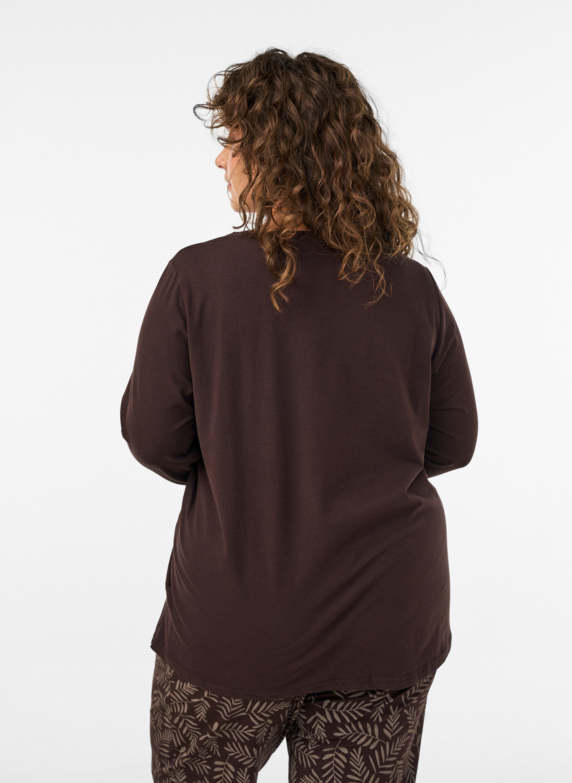 ZizziKatoenen pyjama top met hartjesprint, Bruin, Model image number 2
