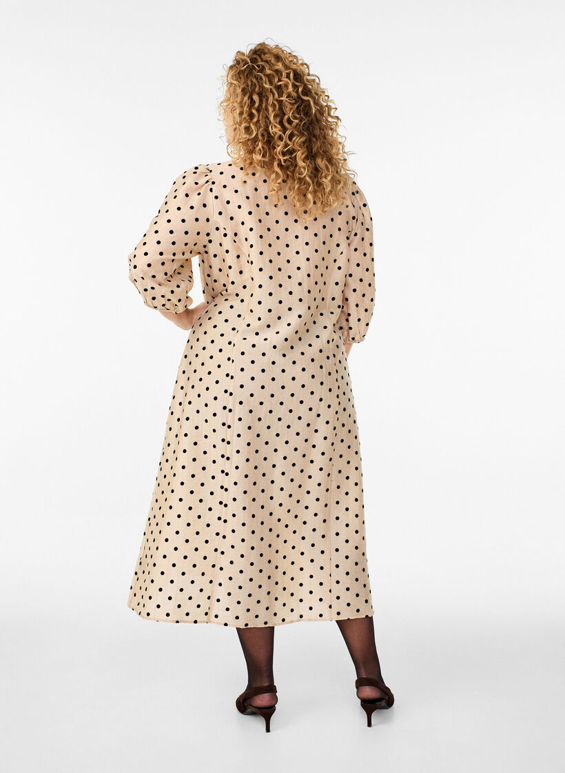 Midi overhemdjurk met polka dots en 3/4 mouwen, Beige, Model image number 1