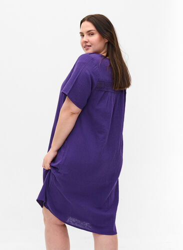 Katoenen jurk met korte mouwen en kanten details, Violet Indigo, Model image number 1