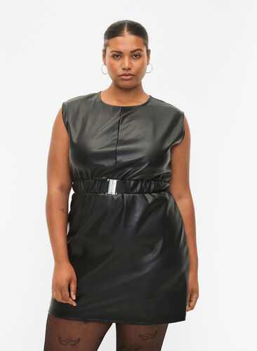 Korte jurk in lederlook, Black, Model image number 0