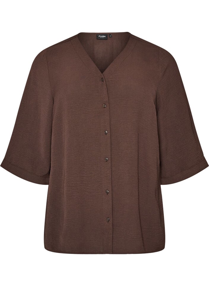 Shirtblouse met V-hals en 3/4 mouwen, Bruin, Packshot image number 0