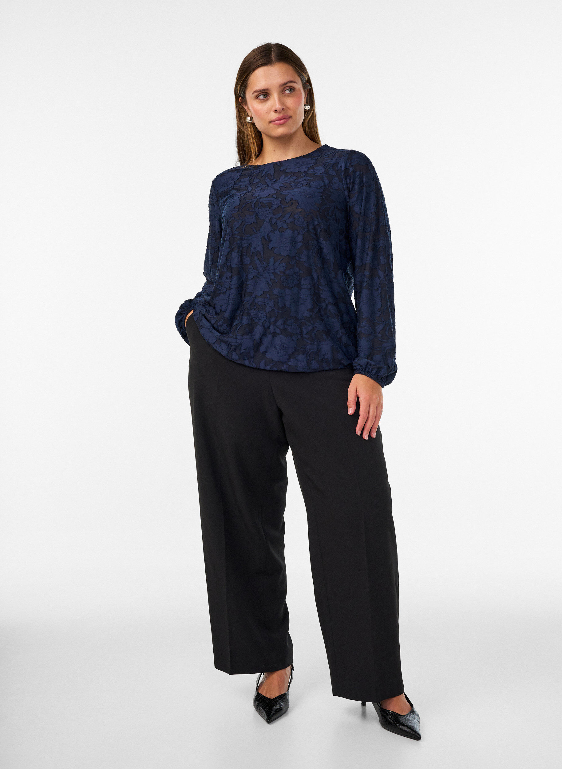 ZizziDoorschijnende blouse met bloemenstructuur en lange mouwen, Blauw, Model image number 1