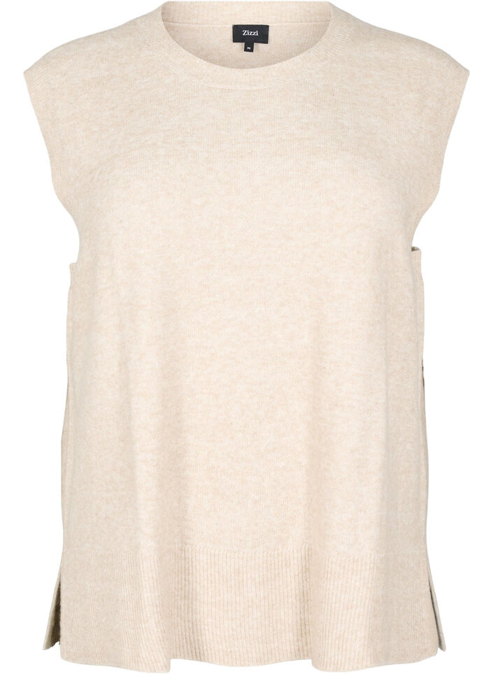 Gebreid vest met geribbelde randen, Beige, Packshot image number 0