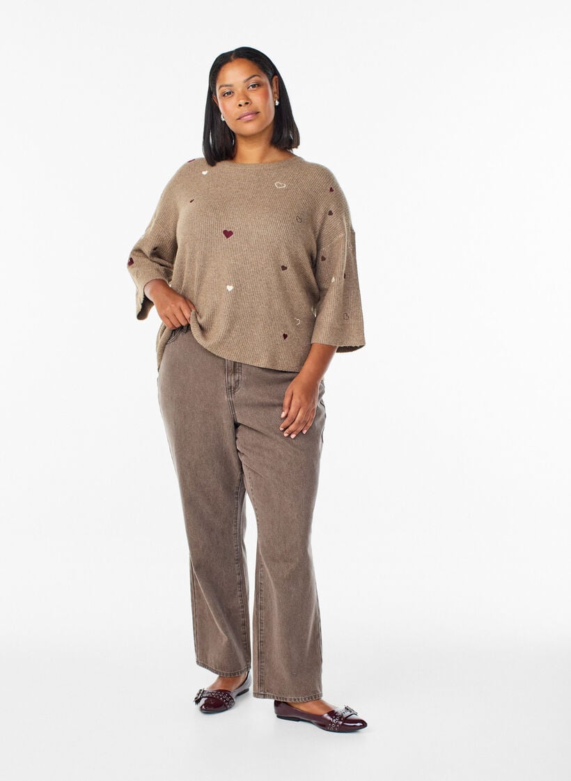 Jumper met hartjes en 3/4 mouwen, Bruin, Model image number 1