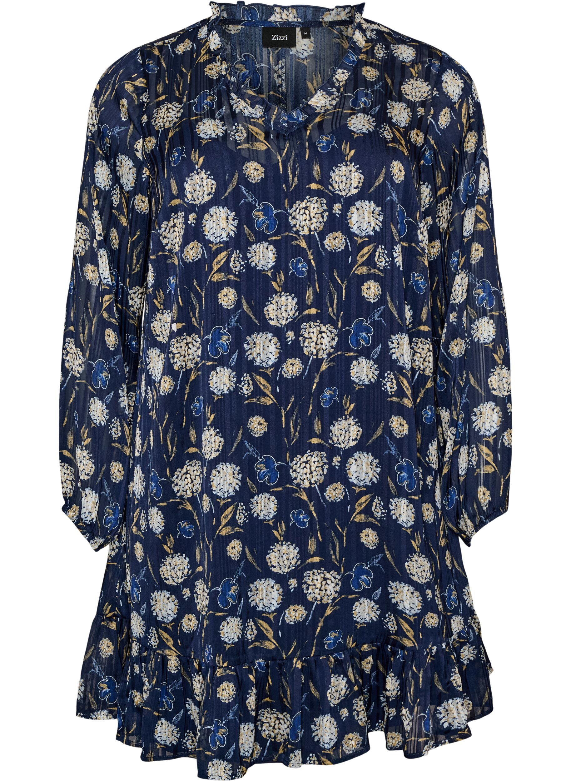 ZizziJurk met patroon, ruches en lange mouwen, Blauw, Packshot image number 0